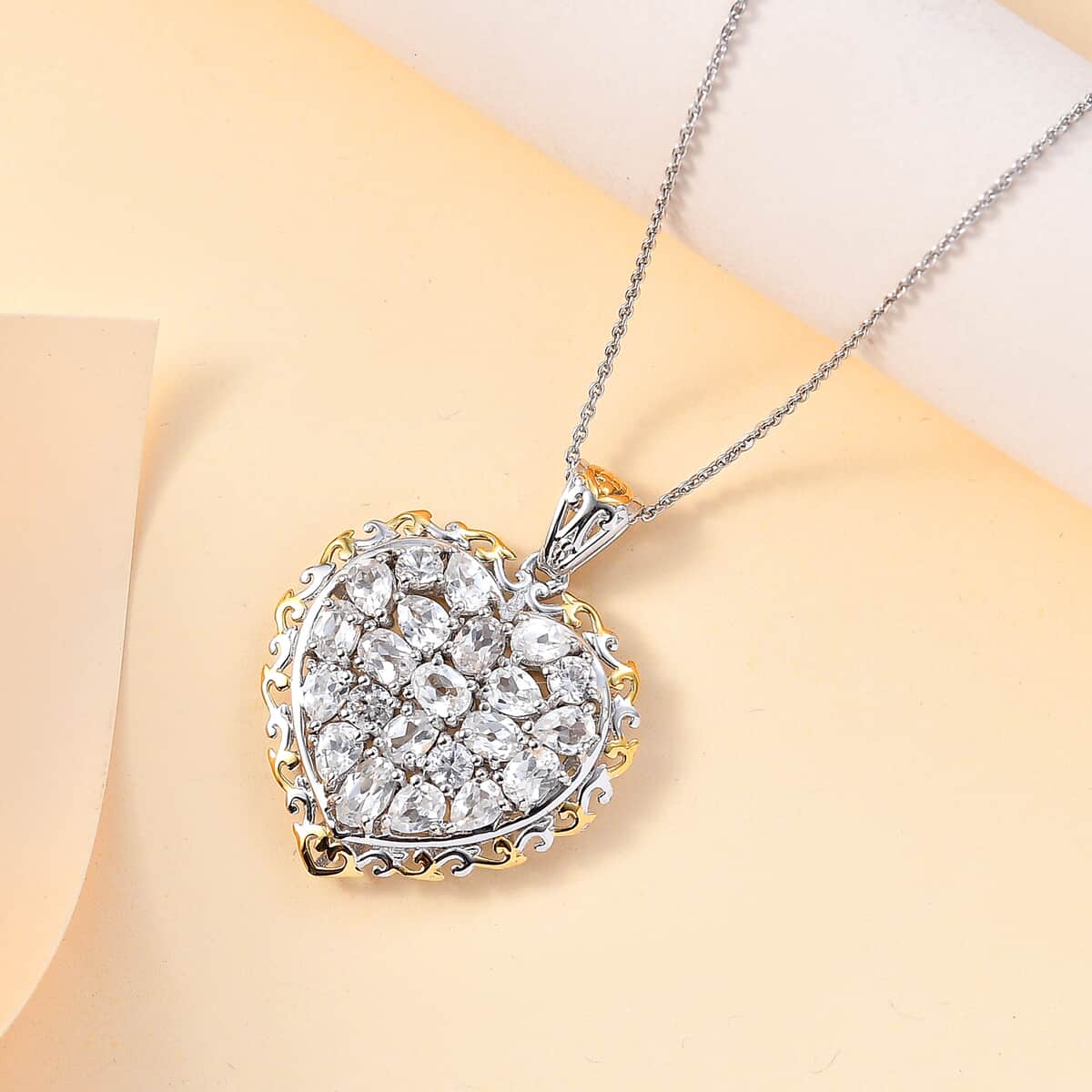 White Zircon Heart Pendant Necklace 20 Inches in Vermeil YG and Platinum Over Sterling Silver 4.40 ctw image number 1