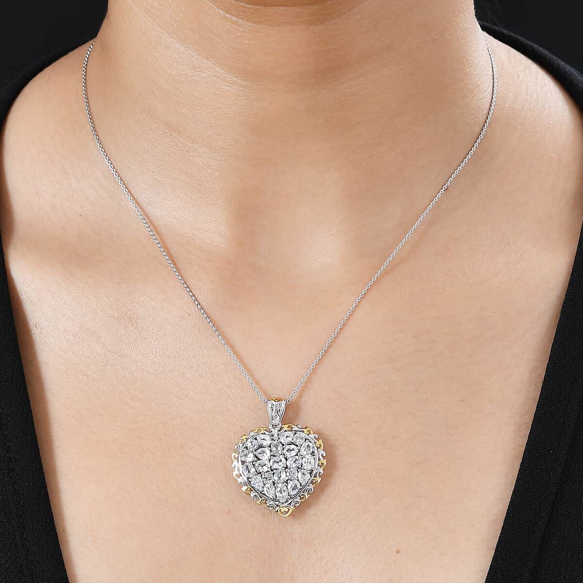 White Zircon Heart Pendant Necklace 20 Inches in Vermeil YG and Platinum Over Sterling Silver 4.40 ctw image number 2