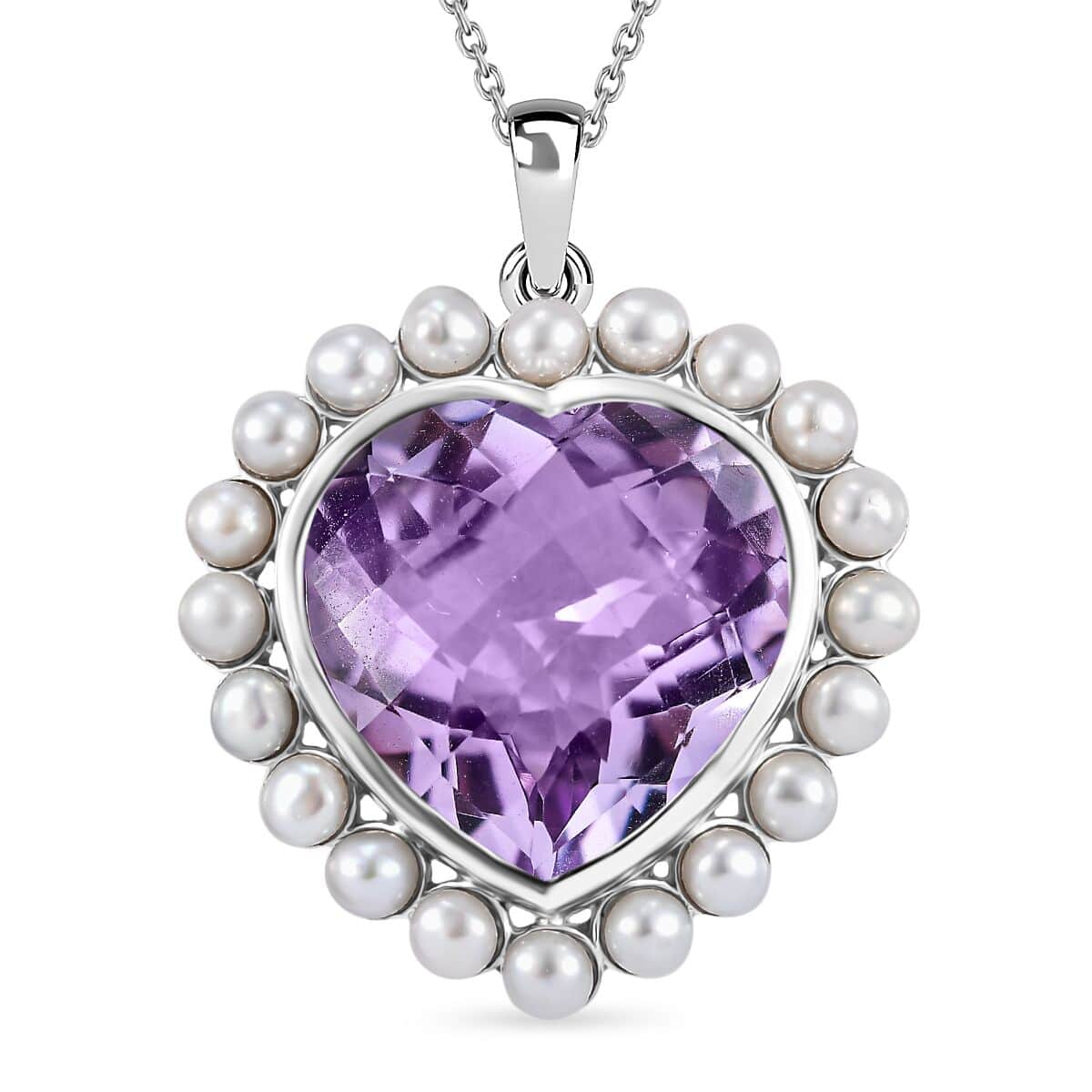 Rose De France Amethyst and Freshwater Pearl 18.00 ctw Pendant Necklace in Platinum Over Sterling Silver 20 Inches image number 0