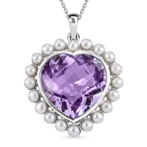 Rose De France Amethyst and Freshwater Pearl 18.00 ctw Pendant Necklace in Platinum Over Sterling Silver 20 Inches