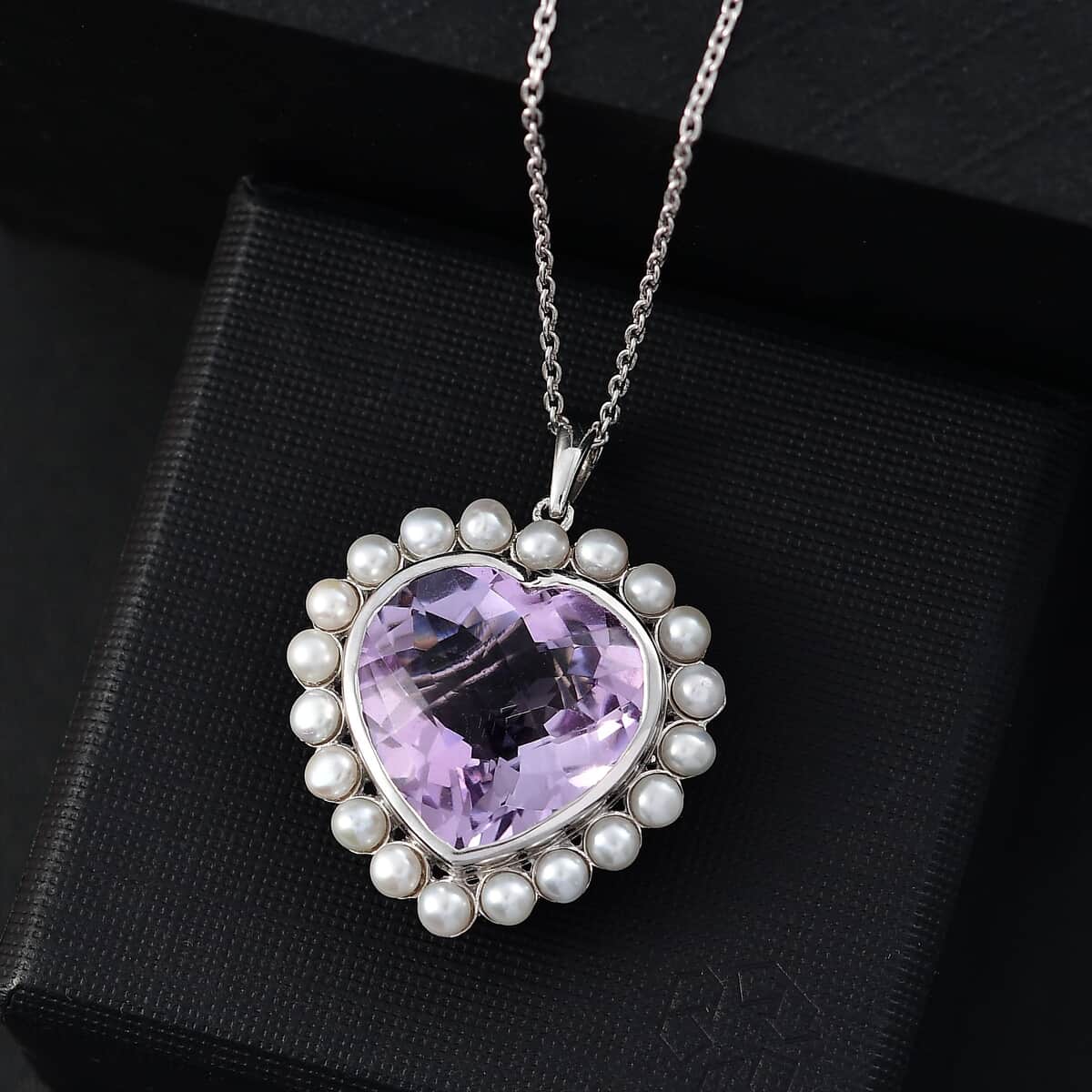 Rose De France Amethyst and Freshwater Pearl 18.00 ctw Pendant Necklace in Platinum Over Sterling Silver 20 Inches image number 1