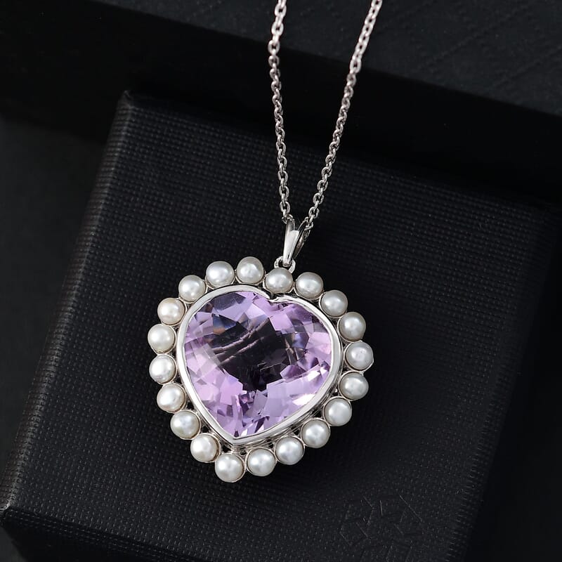 Rose De France Amethyst and Freshwater Pearl 18.00 ctw Pendant Necklace in Platinum Over Sterling Silver 20 Inches