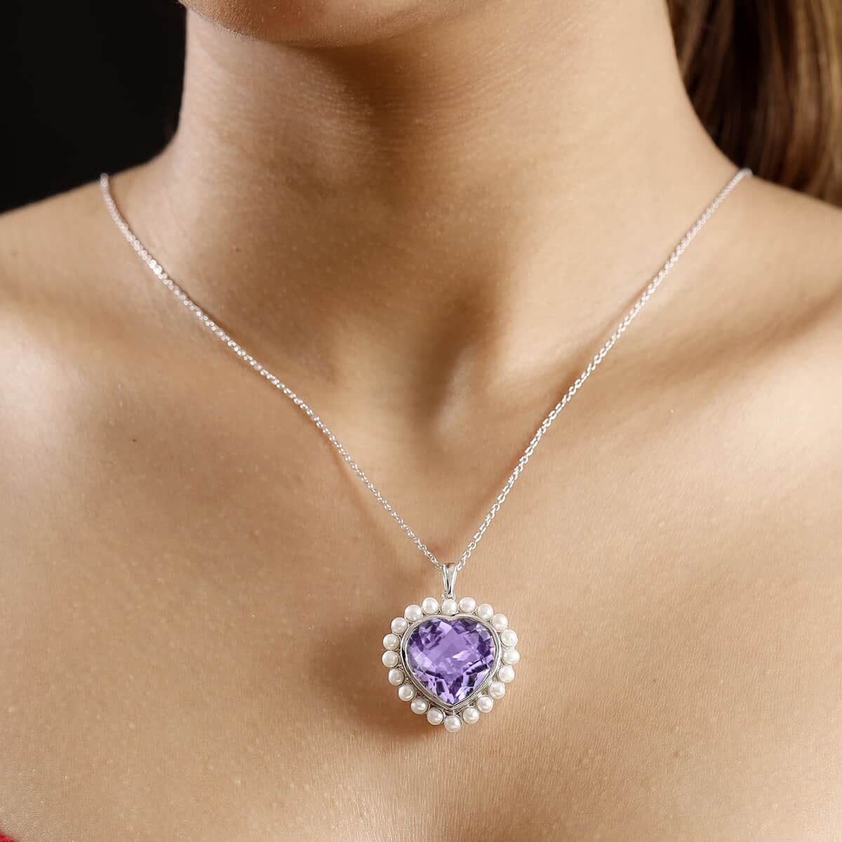 Rose De France Amethyst and Freshwater Pearl 18.00 ctw Pendant Necklace in Platinum Over Sterling Silver 20 Inches image number 2