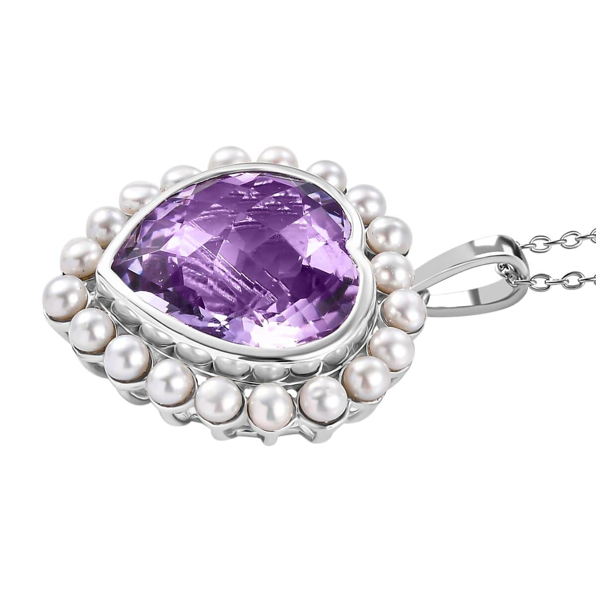 Rose De France Amethyst and Freshwater Pearl 18.00 ctw Pendant Necklace in Platinum Over Sterling Silver 20 Inches image number 3