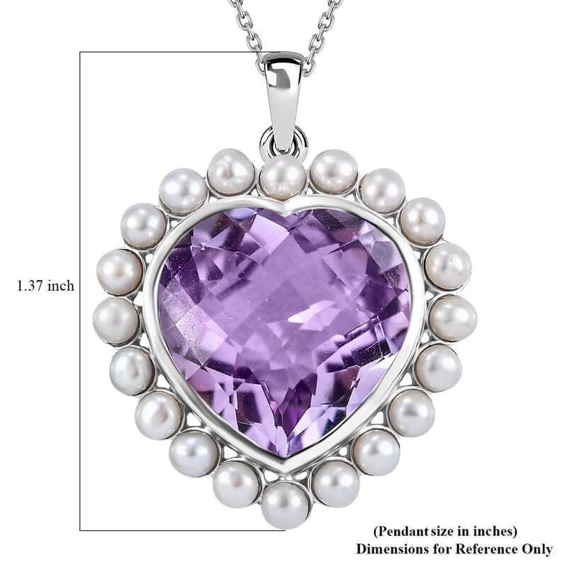Rose De France Amethyst and Freshwater Pearl 18.00 ctw Pendant Necklace in Platinum Over Sterling Silver 20 Inches