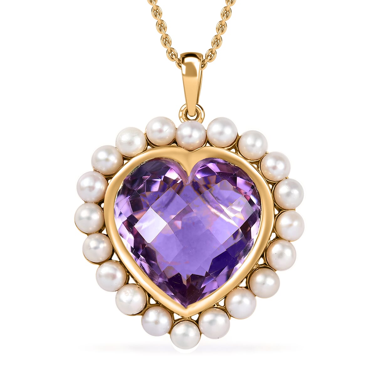 Rose De France Amethyst 16.10 ctw and Freshwater Pearl Heart Pendant Necklace 20 Inches in Vermeil Yellow Gold Over Sterling Silver image number 0