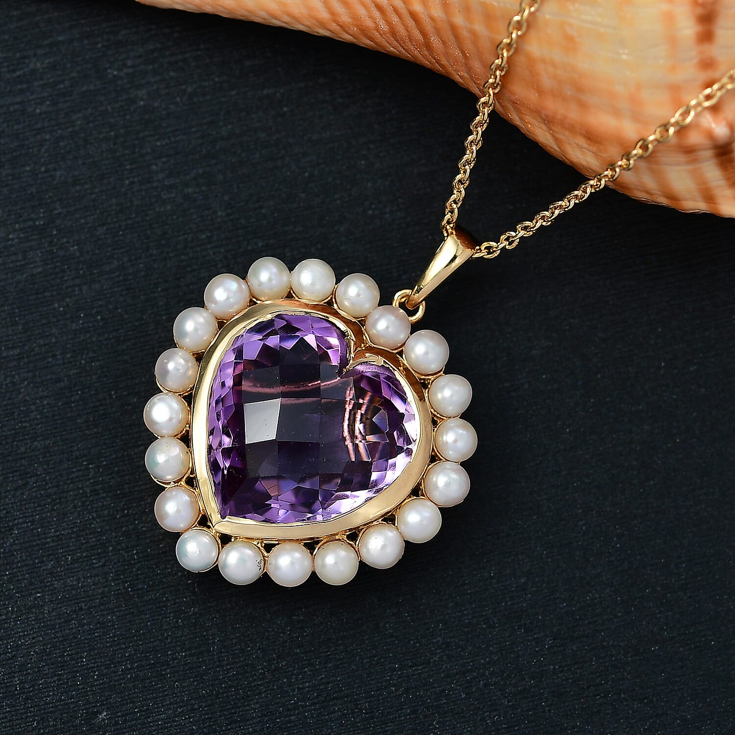 Rose De France Amethyst 16.10 ctw and Freshwater Pearl Heart Pendant Necklace 20 Inches in Vermeil Yellow Gold Over Sterling Silver