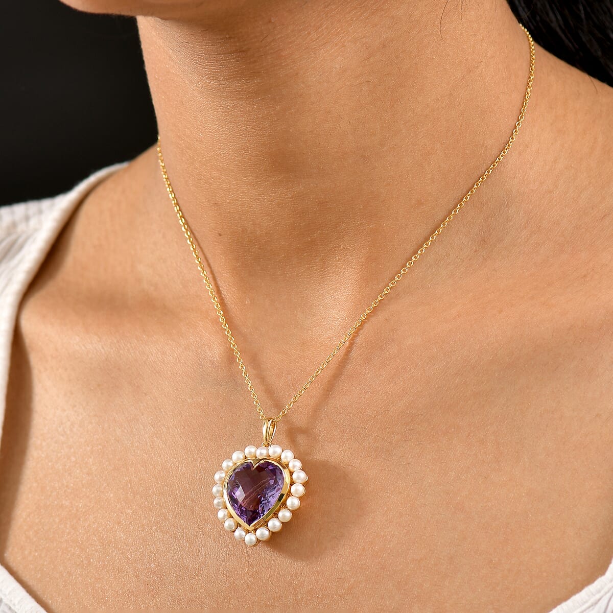 Rose De France Amethyst 16.10 ctw and Freshwater Pearl Heart Pendant Necklace 20 Inches in Vermeil Yellow Gold Over Sterling Silver image number 2