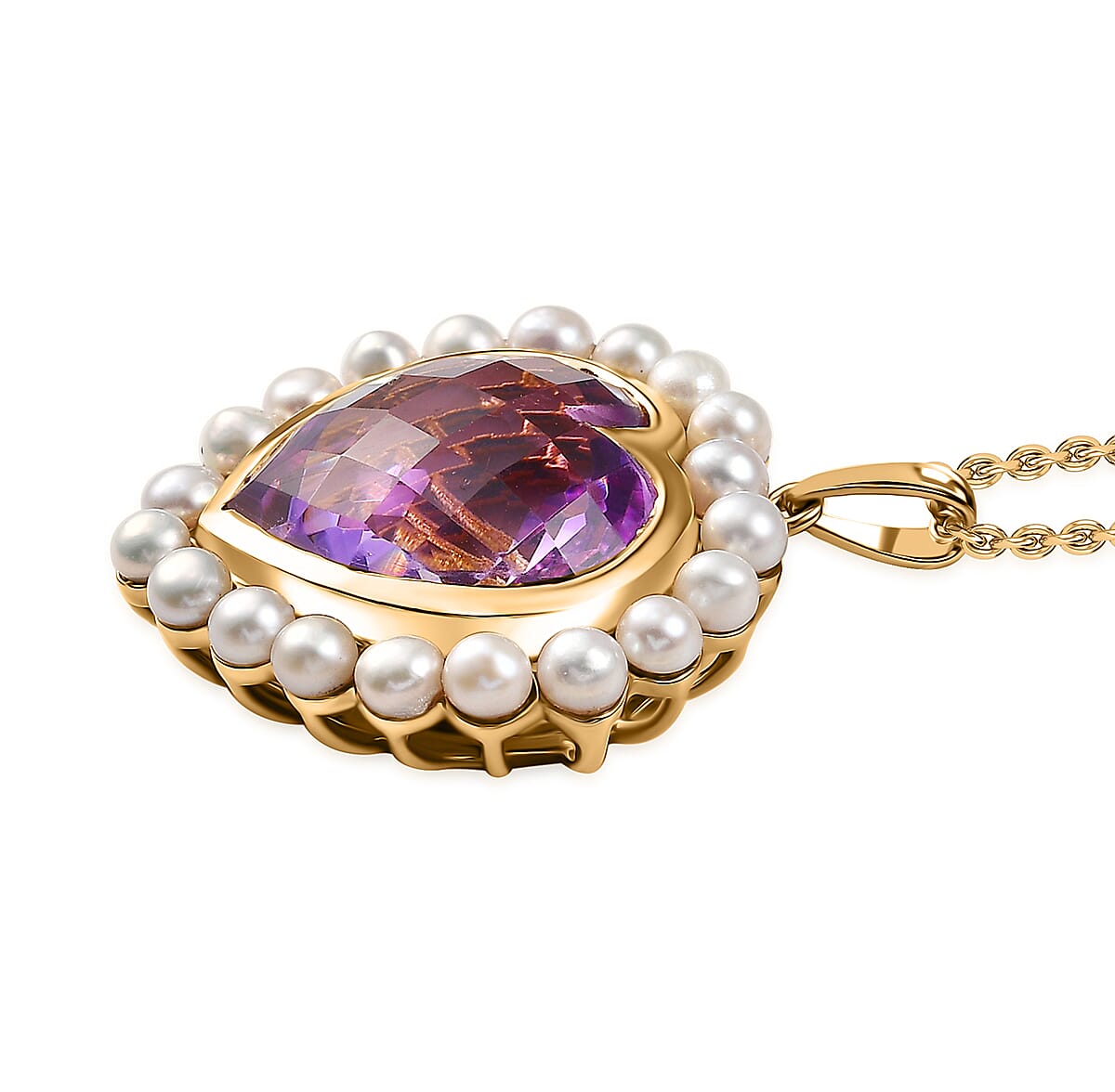 Rose De France Amethyst 16.10 ctw and Freshwater Pearl Heart Pendant Necklace 20 Inches in Vermeil Yellow Gold Over Sterling Silver