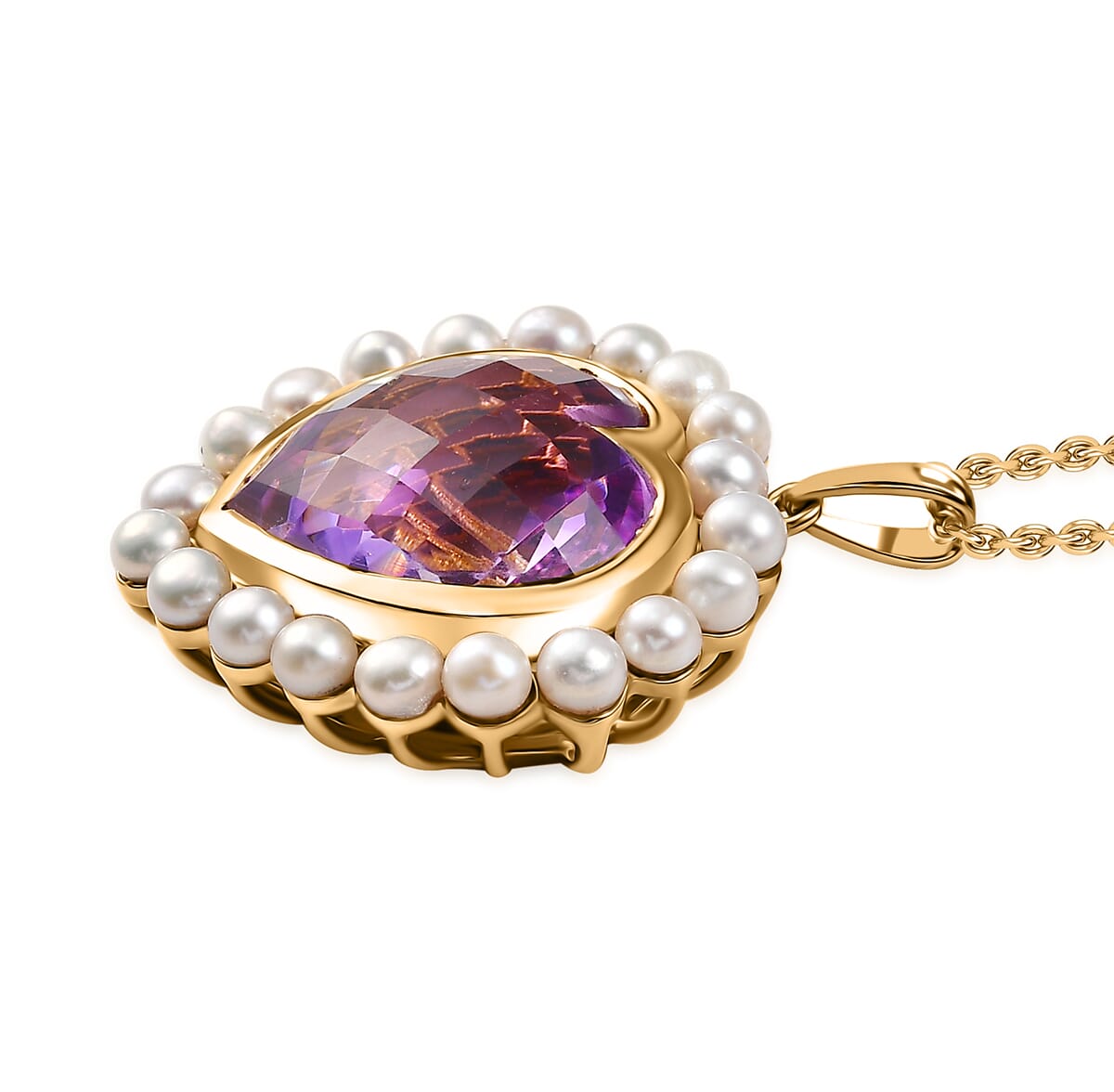 Rose De France Amethyst 16.10 ctw and Freshwater Pearl Heart Pendant Necklace 20 Inches in Vermeil Yellow Gold Over Sterling Silver image number 3