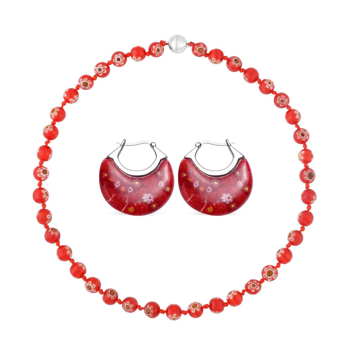 Red Color Murano Style Basket Earrings and Beaded Necklace (20 Inches) with Magnetic Lock in Stainless Steel and Silvertone image number 0