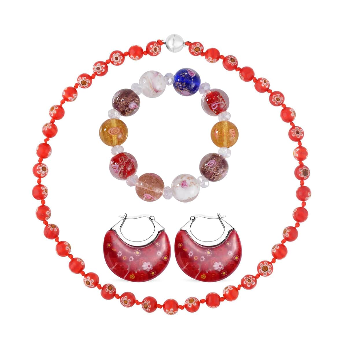 Red and Multi Color Murano Style, Multi Glass Stretch Bracelet, Basket Earrings and Beaded Necklace 20 Inches in Stainless Steel and Silvertone image number 0