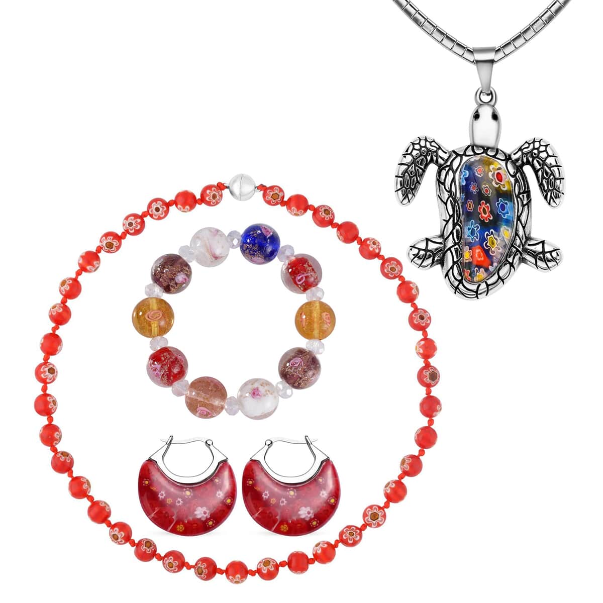 Red and Multi Color Murano Style, Multi Glass Stretch Bracelet, Basket Earrings and Beaded Necklace (20 Inches) and Turtle Pendant Necklace (16-18IN) in Stainless Steel and Silvertone image number 0