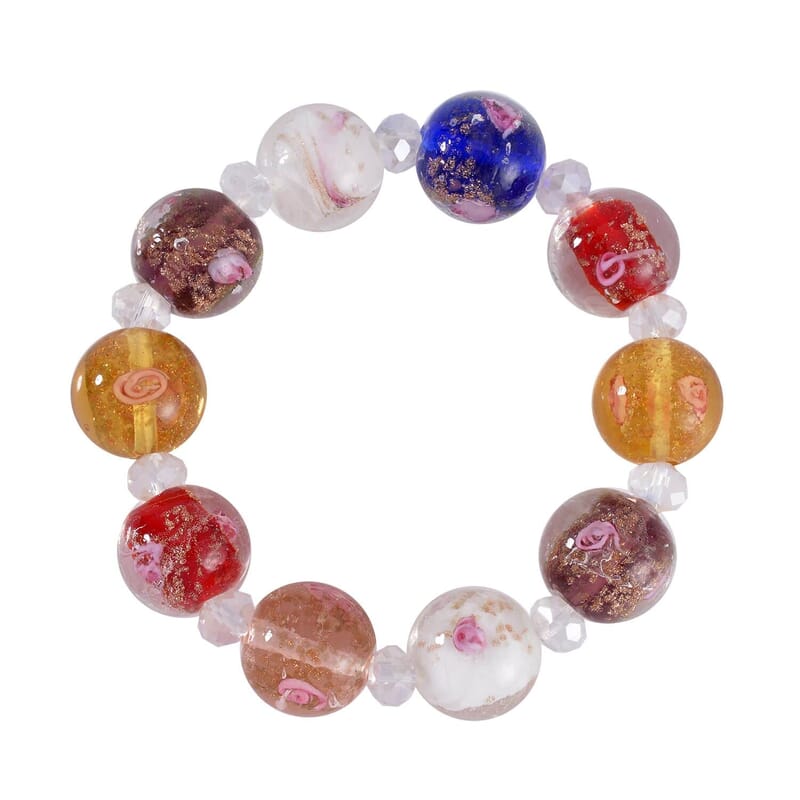 Red and Multi Color Murano Style, Multi Glass Stretch Bracelet, Basket Earrings and Beaded Necklace (20 Inches) and Turtle Pendant Necklace (16-18IN) in Stainless Steel and Silvertone
