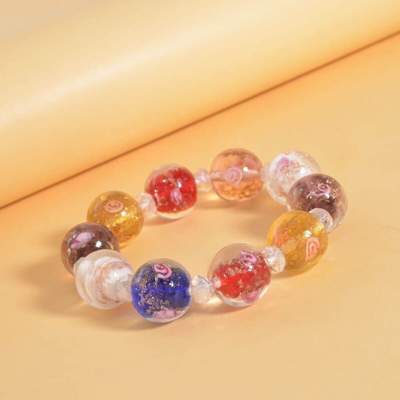 Red and Multi Color Murano Style, Multi Glass Stretch Bracelet, Basket Earrings and Beaded Necklace (20 Inches) and Turtle Pendant Necklace (16-18IN) in Stainless Steel and Silvertone
