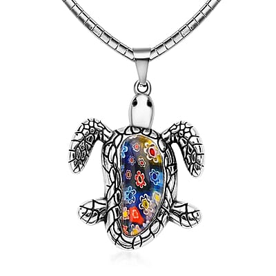 Red and Multi Color Murano Style, Multi Glass Stretch Bracelet, Basket Earrings and Beaded Necklace (20 Inches) and Turtle Pendant Necklace (16-18IN) in Stainless Steel and Silvertone