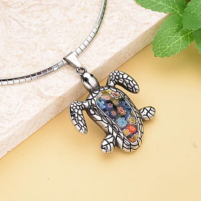 Red and Multi Color Murano Style, Multi Glass Stretch Bracelet, Basket Earrings and Beaded Necklace (20 Inches) and Turtle Pendant Necklace (16-18IN) in Stainless Steel and Silvertone