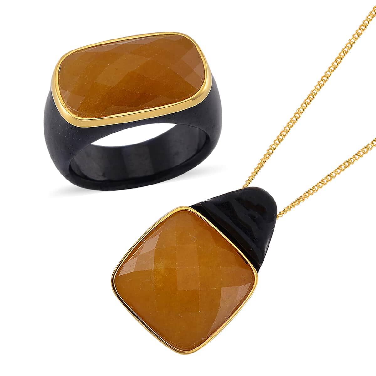 147.25 ctw Carved & Faceted Natural and Black Jade Band Ring Size 5 and Pendant Necklace 18 Inches in Vermeil Yellow Gold Over Sterling Silver image number 0