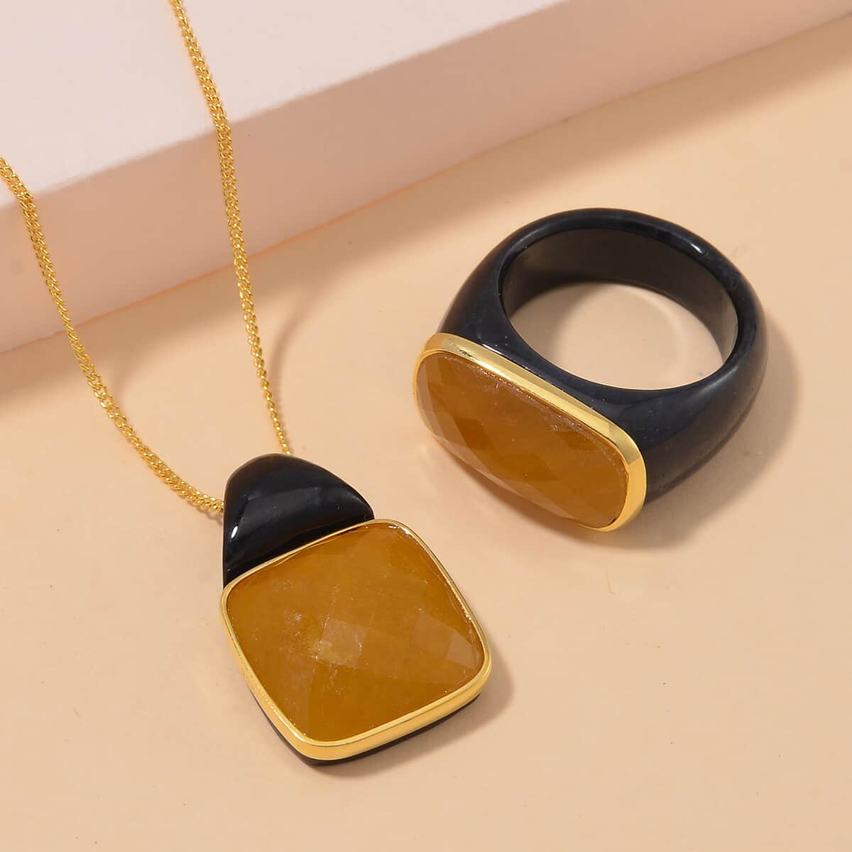 147.25 ctw Carved & Faceted Natural and Black Jade Band Ring Size 5 and Pendant Necklace 18 Inches in Vermeil Yellow Gold Over Sterling Silver image number 1