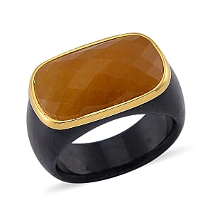 Carved & Faceted Yellow and Black Jade (D) 104.00 ctw Band Ring (Size 9) and Pendant Necklace 18 Inches in Vermeil Yellow Gold Over Sterling Silver