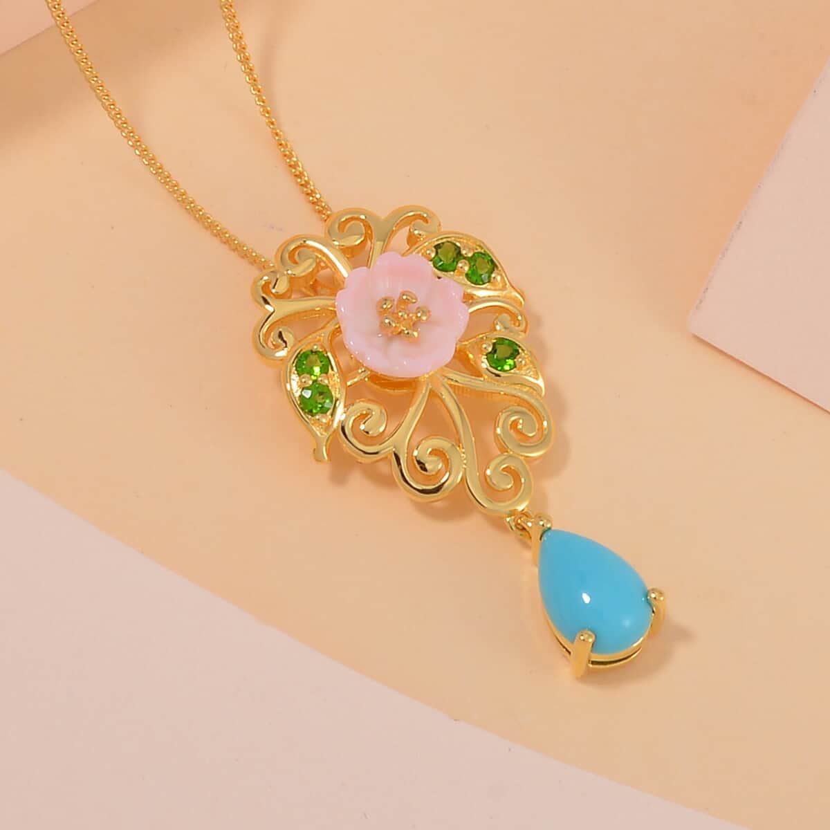 Sleeping Beauty Turquoise and Multi Gemstone Drop Pendant Necklace 18 Inches in Vermeil Yellow Gold Over Sterling Silver 1.30 ctw image number 1