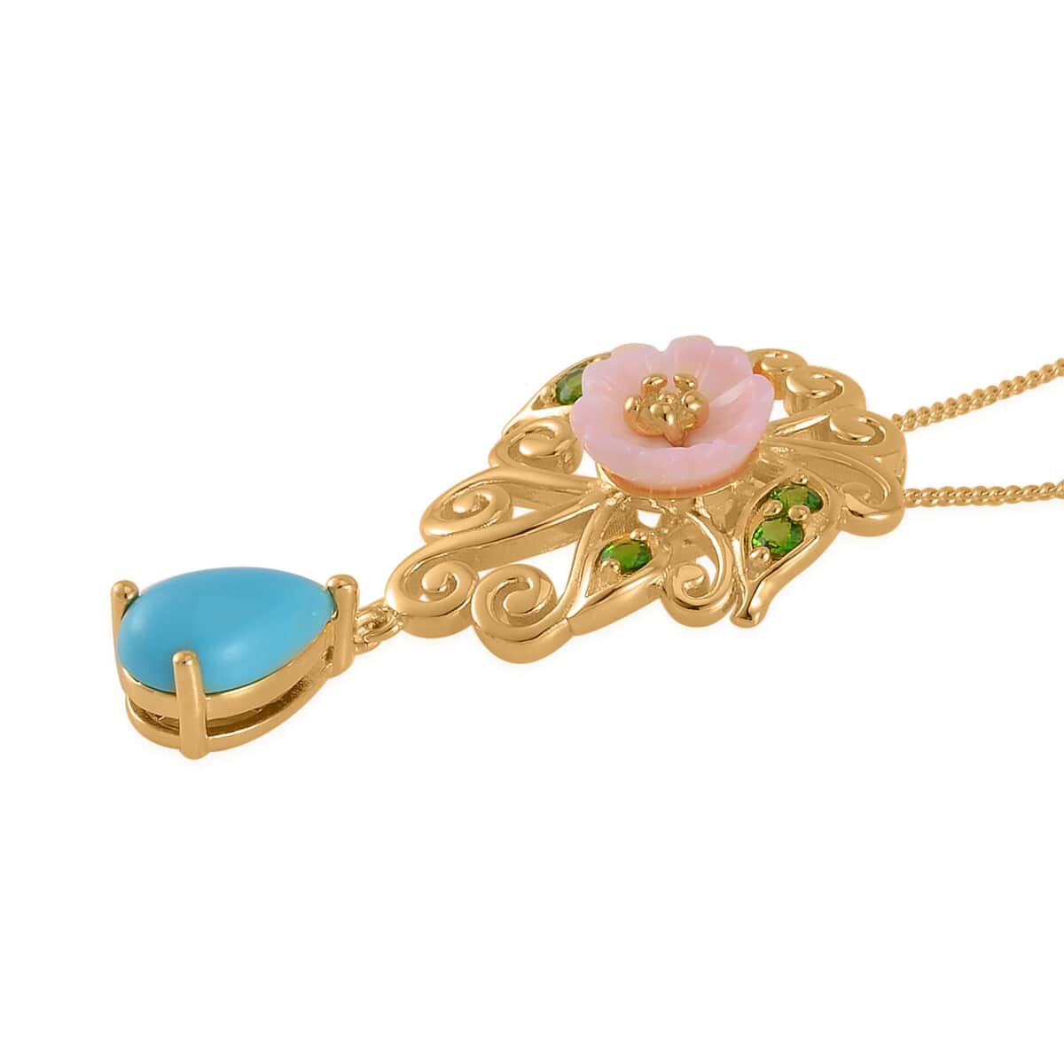 Sleeping Beauty Turquoise and Multi Gemstone Drop Pendant Necklace 18 Inches in Vermeil Yellow Gold Over Sterling Silver 1.30 ctw image number 3