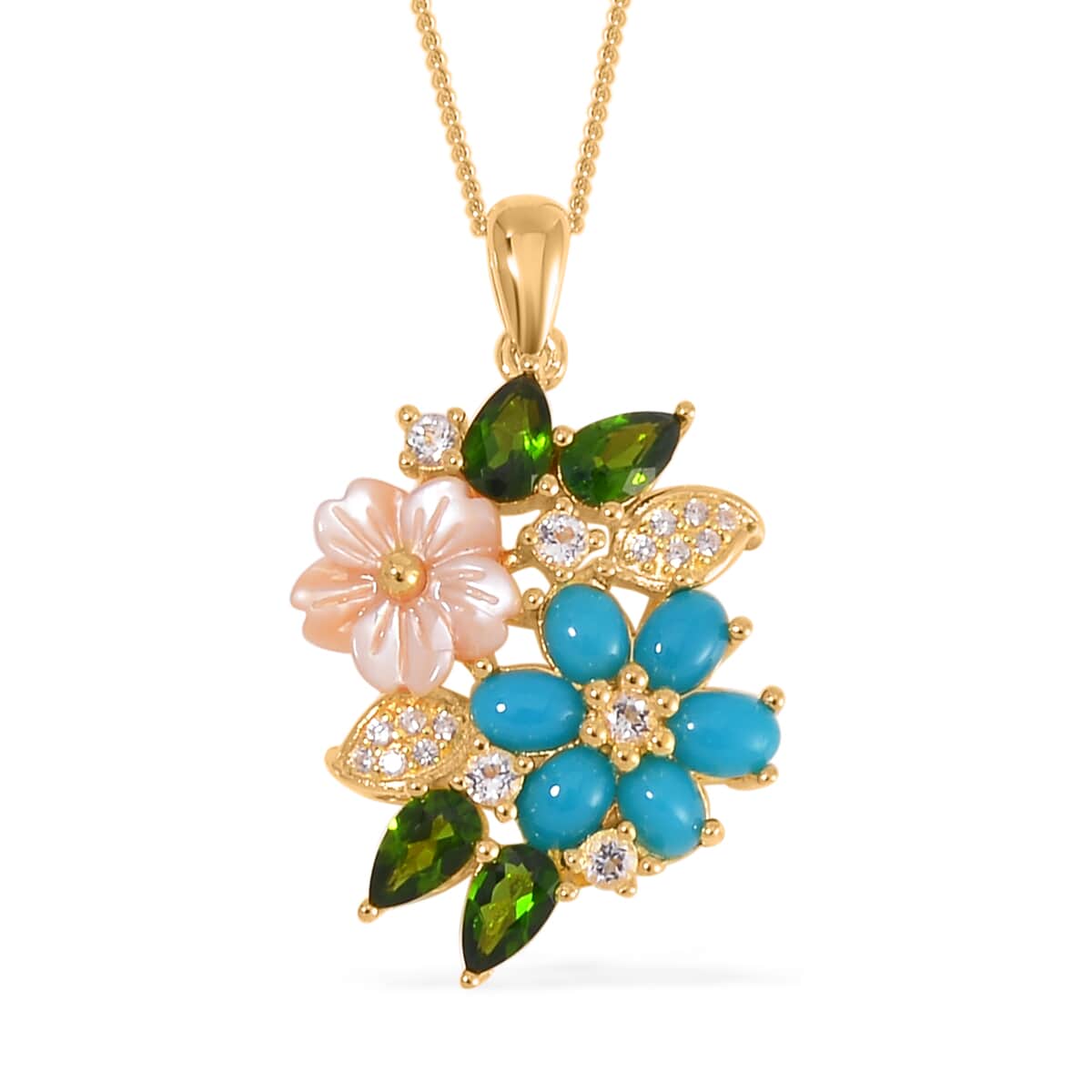 Sleeping Beauty Turquoise and Multi Gemstone Floral Pendant Necklace 18 Inches in Vermeil Yellow Gold Over Sterling Silver 1.90 ctw image number 0