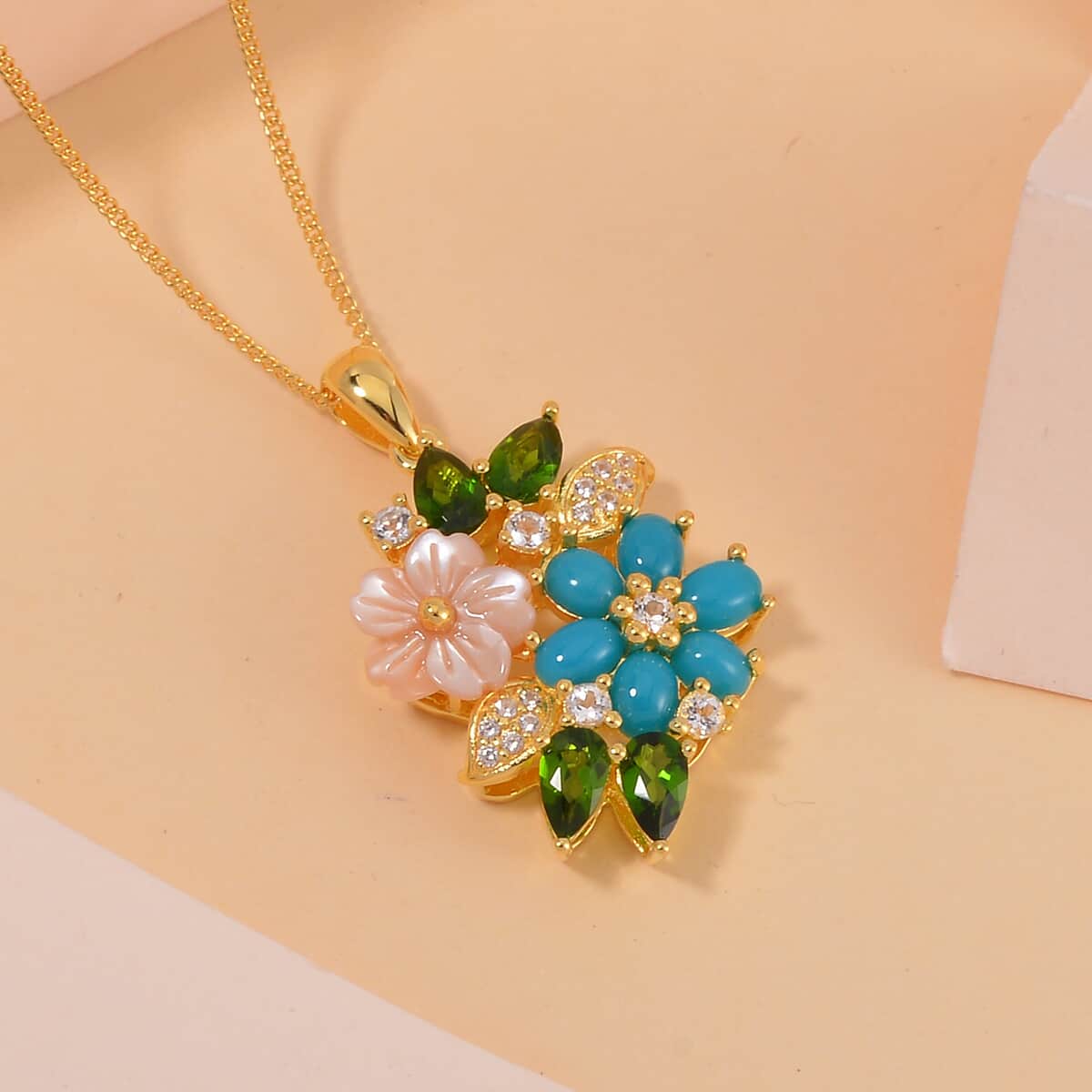 Sleeping Beauty Turquoise and Multi Gemstone Floral Pendant Necklace 18 Inches in Vermeil Yellow Gold Over Sterling Silver 1.90 ctw image number 1