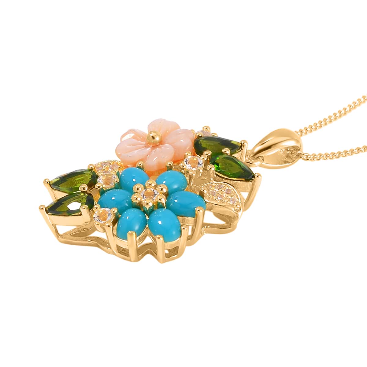 Sleeping Beauty Turquoise and Multi Gemstone Floral Pendant Necklace 18 Inches in Vermeil Yellow Gold Over Sterling Silver 1.90 ctw image number 3