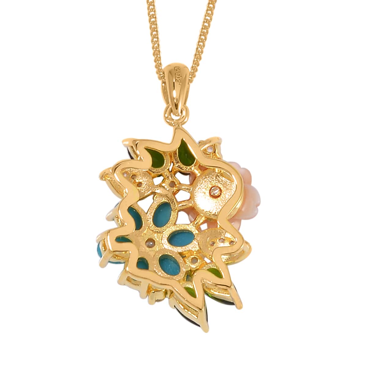 Sleeping Beauty Turquoise and Multi Gemstone Floral Pendant Necklace 18 Inches in Vermeil Yellow Gold Over Sterling Silver 1.90 ctw image number 4