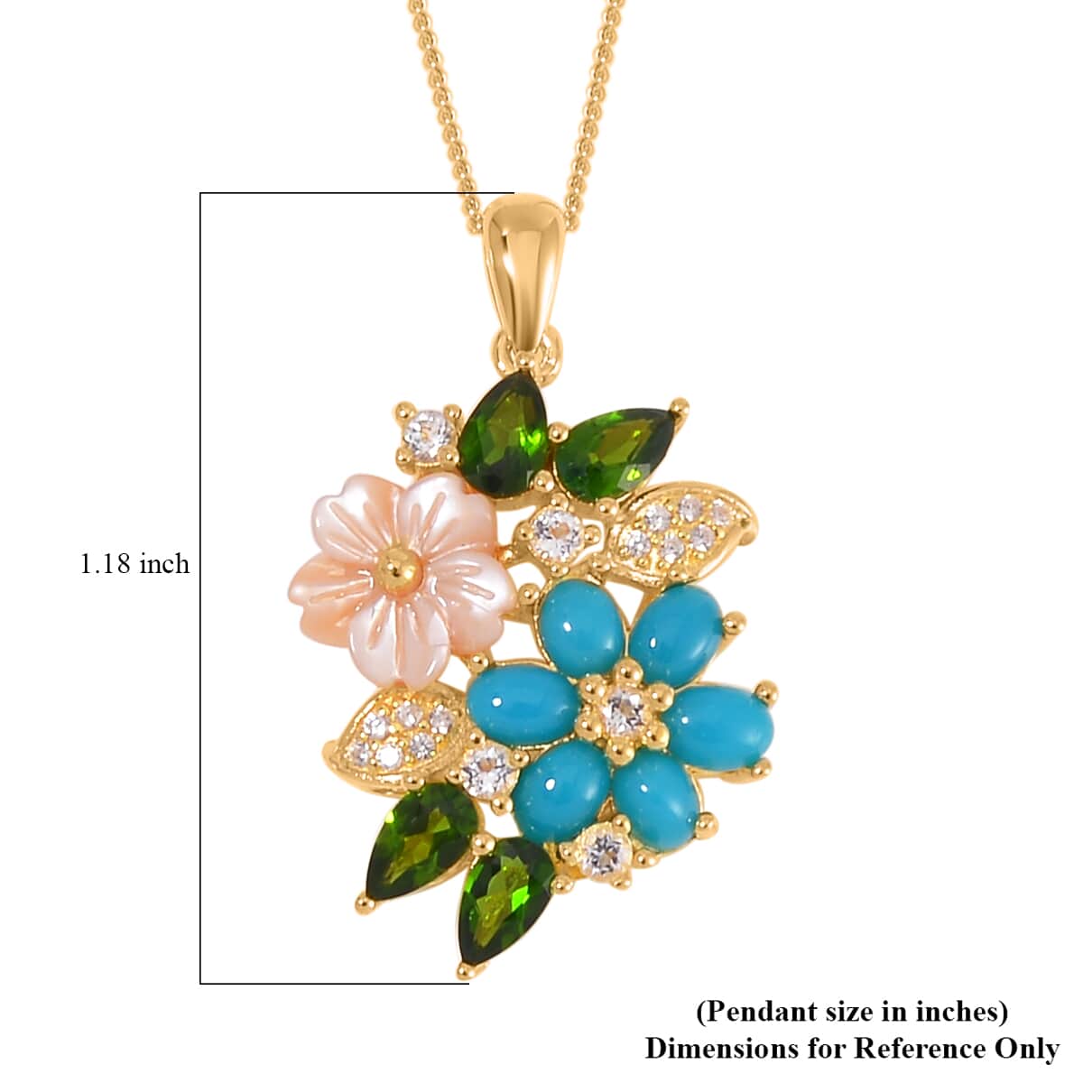 Sleeping Beauty Turquoise and Multi Gemstone Floral Pendant Necklace 18 Inches in Vermeil Yellow Gold Over Sterling Silver 1.90 ctw image number 6