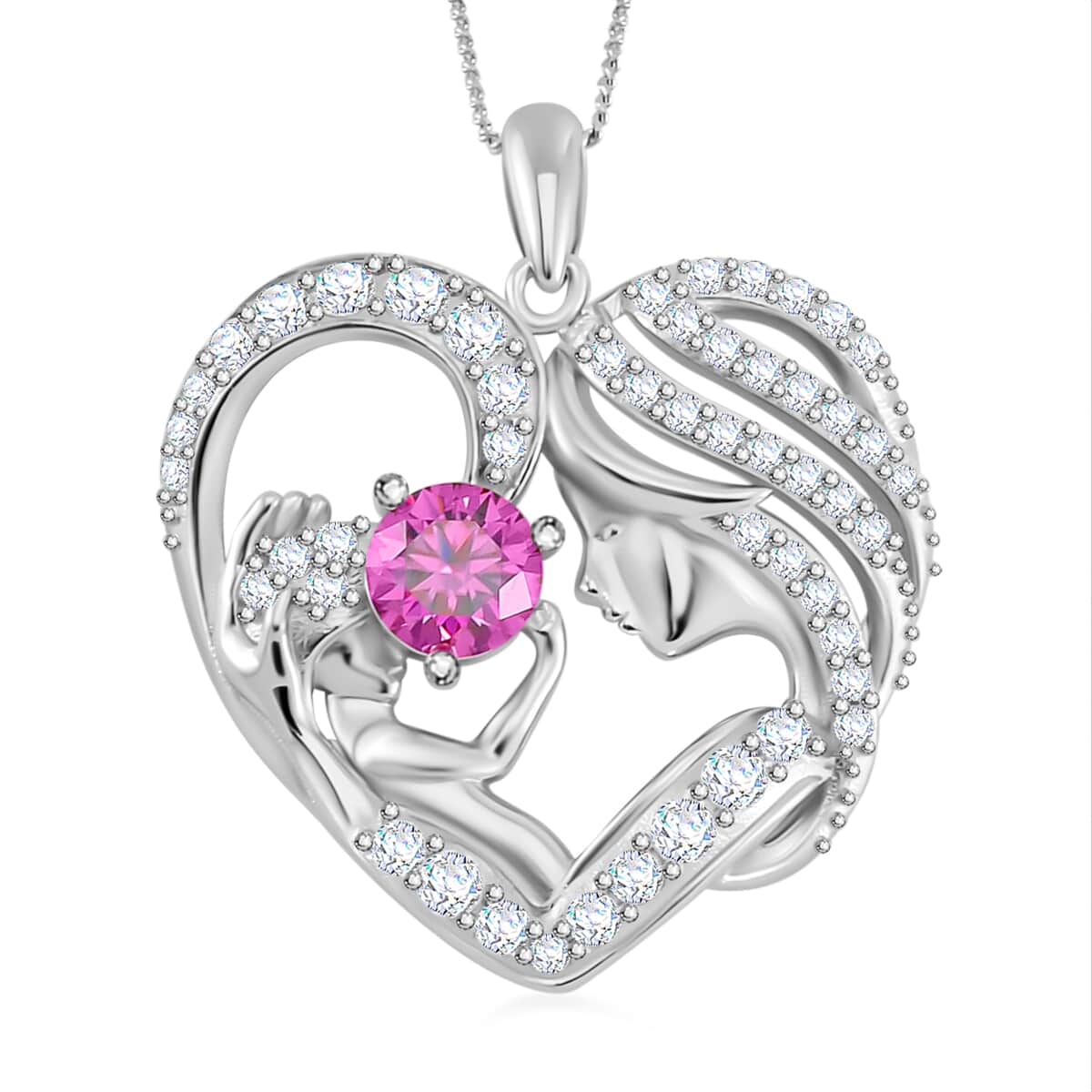 Pink and White Moissanite Mother and Child Love Heart Pendant Necklace 18 Inches in Rhodium Over Sterling Silver 2.10 ctw image number 0