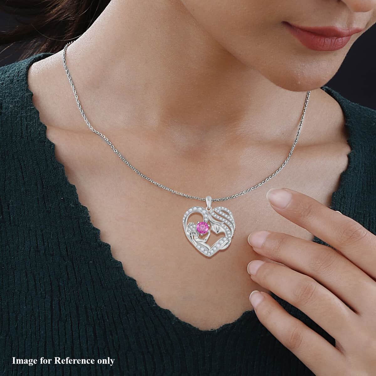 Pink and White Moissanite Mother and Child Love Heart Pendant Necklace 18 Inches in Rhodium Over Sterling Silver 2.10 ctw image number 1