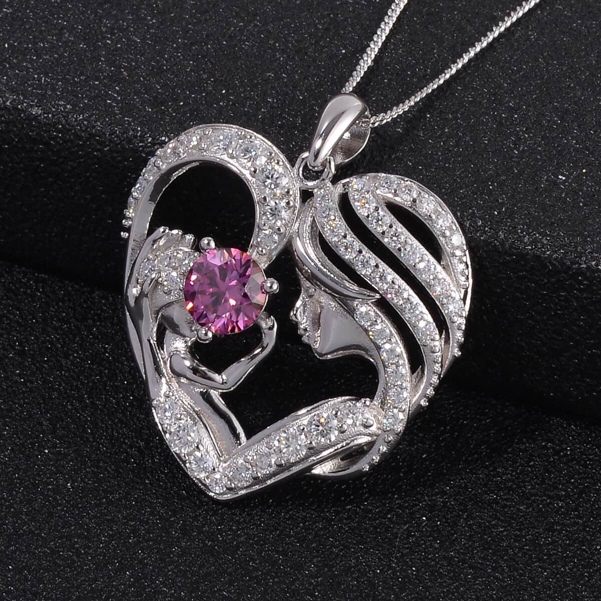 Pink and White Moissanite Mother and Child Love Heart Pendant Necklace 18 Inches in Rhodium Over Sterling Silver 2.10 ctw image number 2