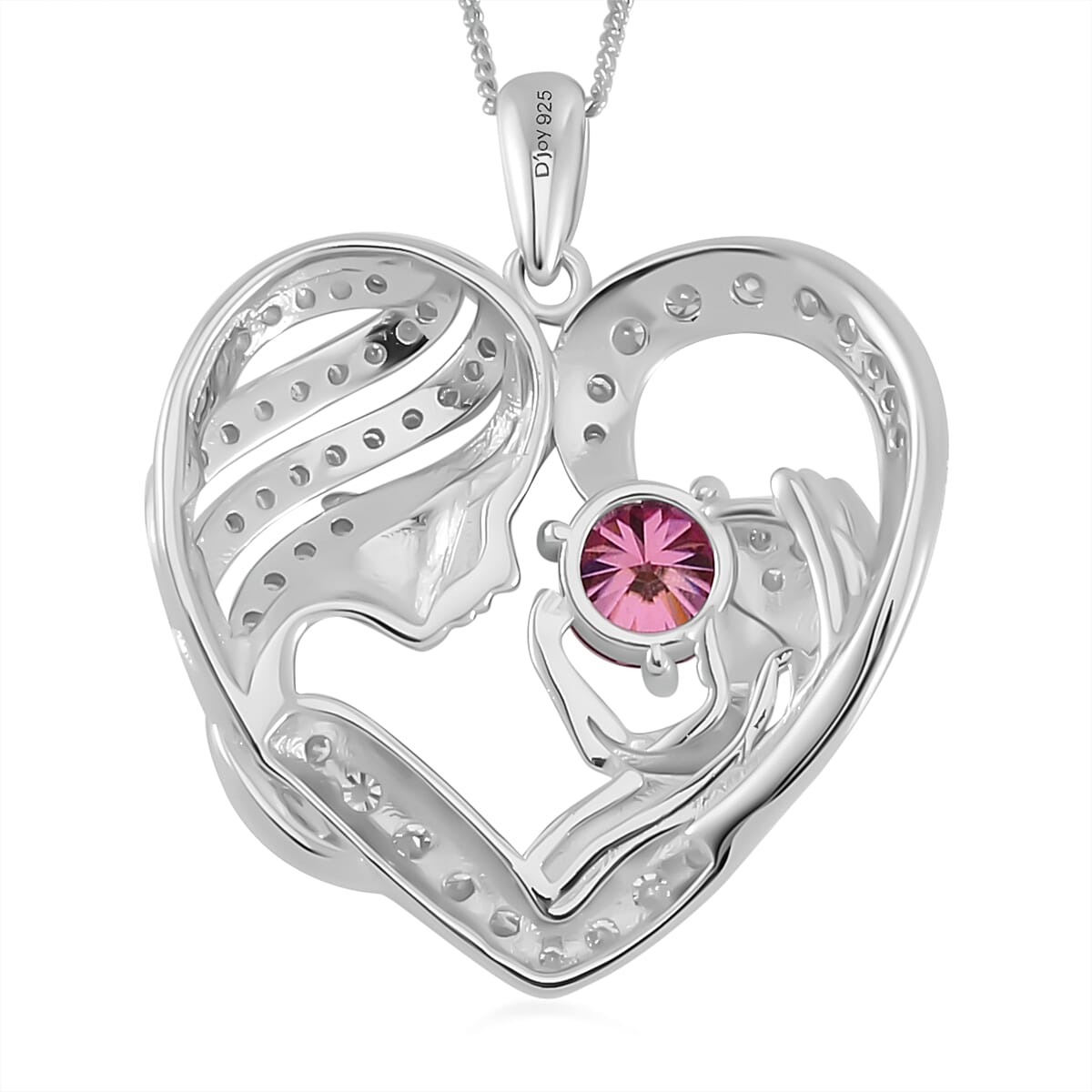 Pink and White Moissanite Mother and Child Love Heart Pendant Necklace 18 Inches in Rhodium Over Sterling Silver 2.10 ctw