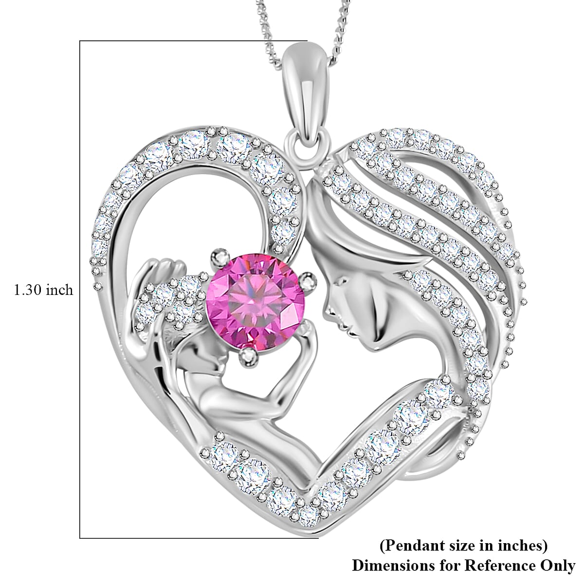 Pink and White Moissanite Mother and Child Love Heart Pendant Necklace 18 Inches in Rhodium Over Sterling Silver 2.10 ctw