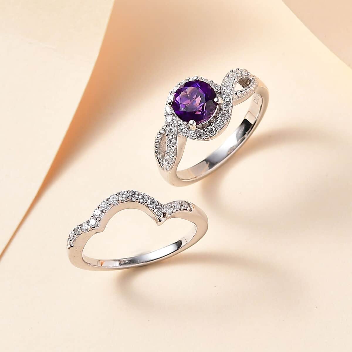 Set of 2 Uruguayan Amethyst, Moissanite Stackable Ring in Platinum Over Sterling Silver (Size 5) 1.30 ctw image number 1