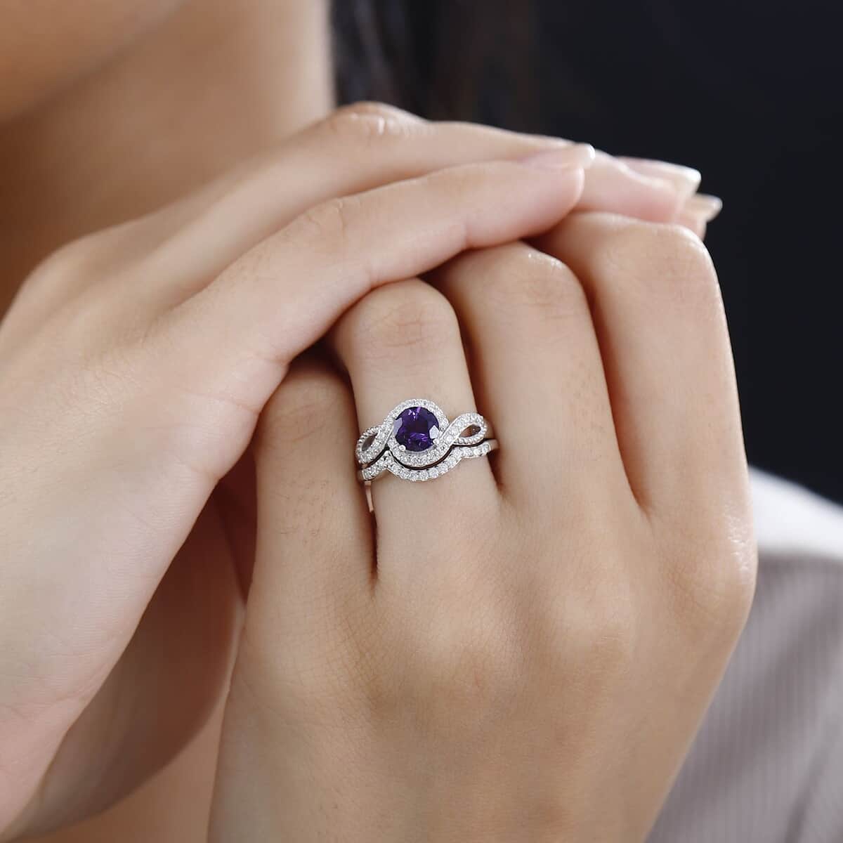 Set of 2 Uruguayan Amethyst and Moissanite Stackable Ring in Platinum Over Sterling Silver (Size 5) 1.30 ctw image number 2