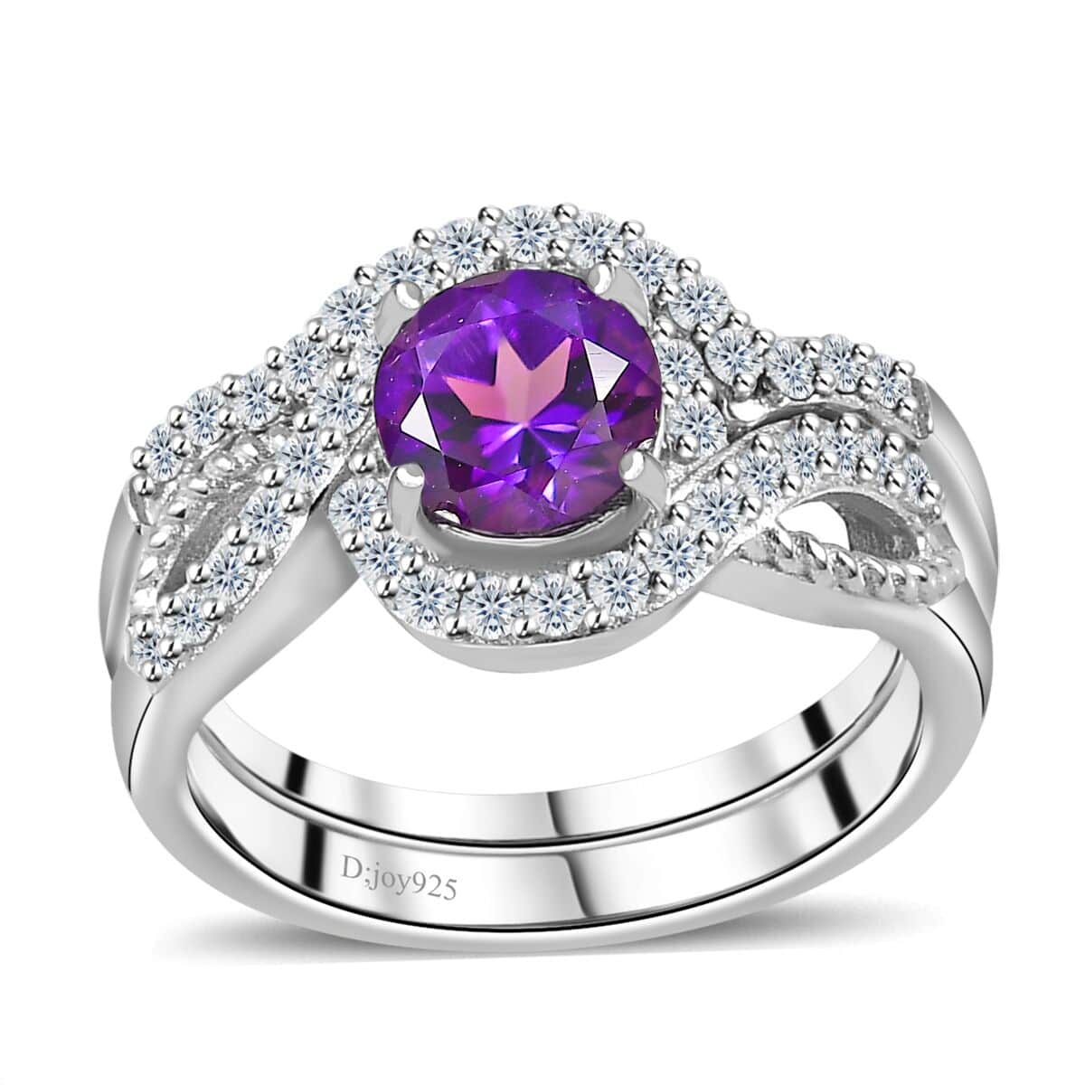 Set of 2 Uruguayan Amethyst, Moissanite Stackable Ring in Platinum Over Sterling Silver (Size 5) 1.30 ctw image number 3