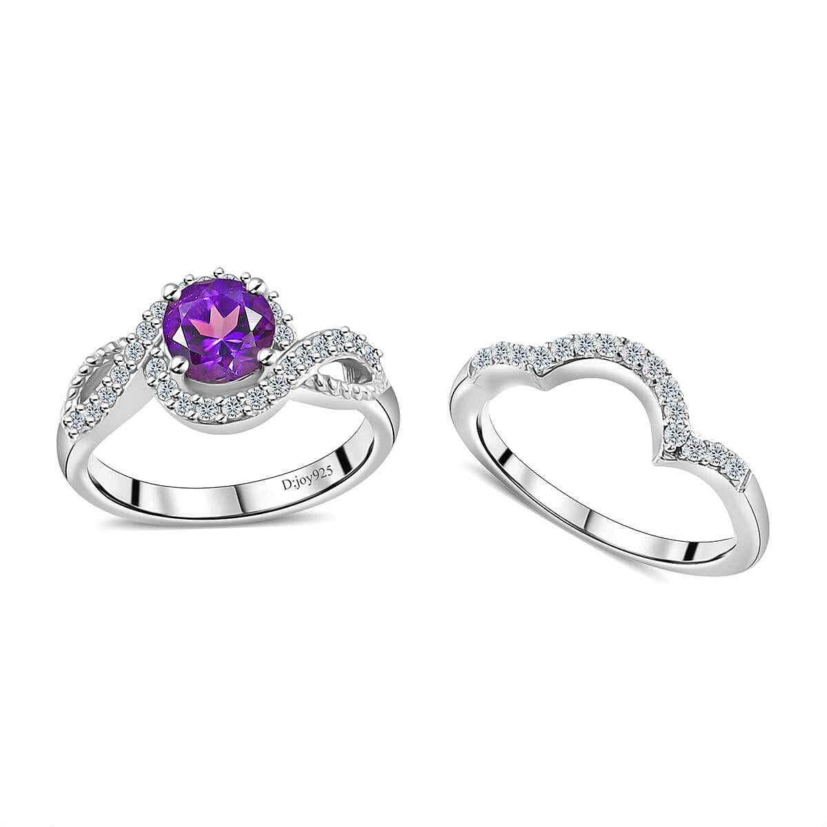 Set of 2 Uruguayan Amethyst and Moissanite Stackable Ring in Platinum Over Sterling Silver (Size 7) 1.30 ctw image number 0