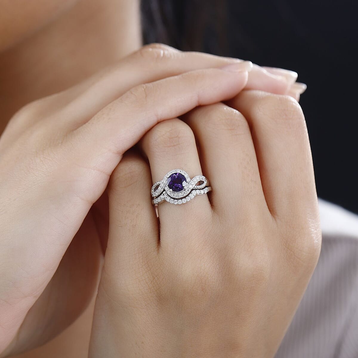 Set of 2 Uruguayan Amethyst and Moissanite Stackable Ring in Platinum Over Sterling Silver (Size 7) 1.30 ctw image number 2