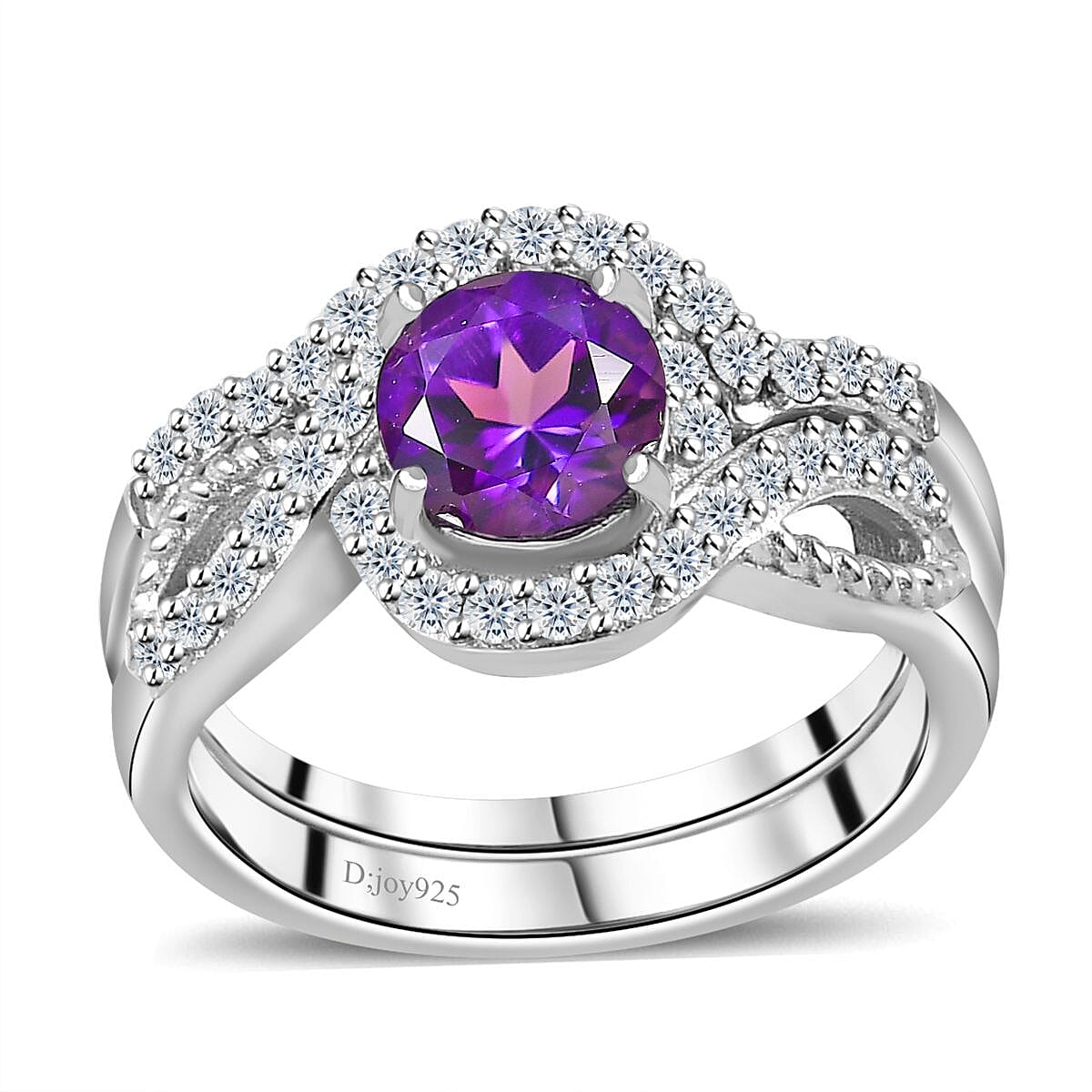 Set of 2 Uruguayan Amethyst and Moissanite Stackable Ring in Platinum Over Sterling Silver (Size 7) 1.30 ctw image number 3