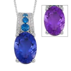 Color Change Fluorite (IR) and Multi Gemstone Pendant Necklace 18 Inches in Rhodium Over Sterling Silver 7.60 ctw