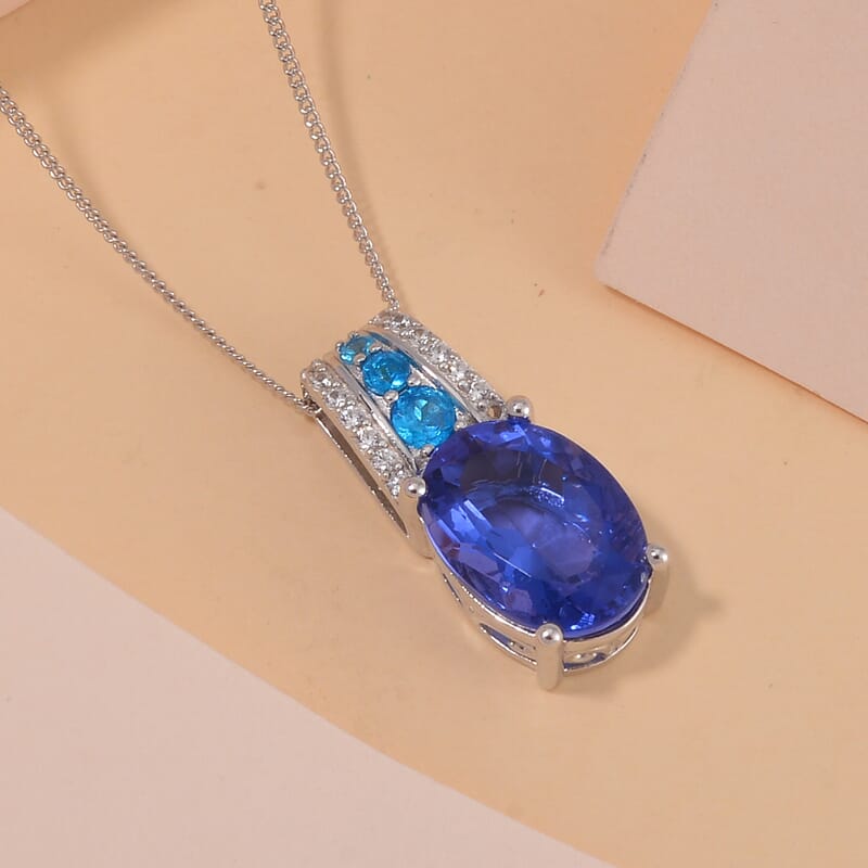 Color Change Fluorite (IR) and Multi Gemstone Pendant Necklace 18 Inches in Rhodium Over Sterling Silver 7.60 ctw
