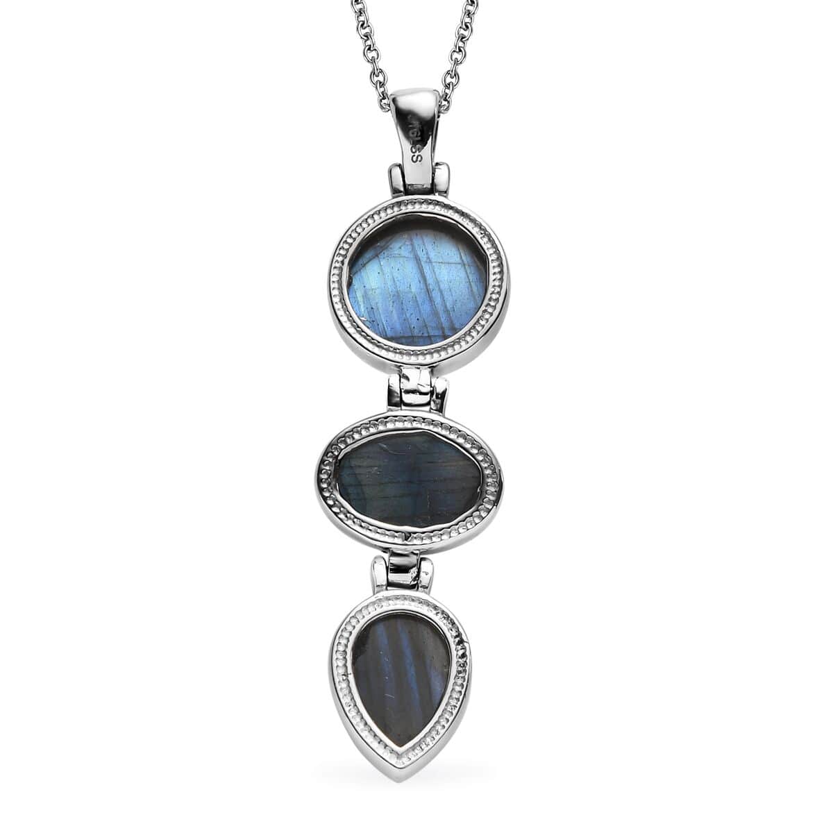 Malagasy Labradorite Pendant Necklace 20 Inches in Stainless Steel 25.30 ctw image number 4