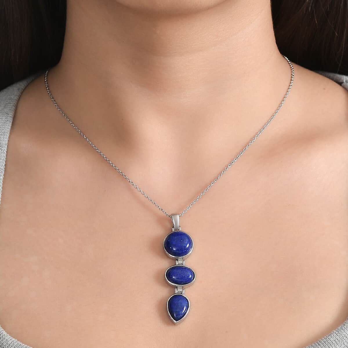 Lapis Lazuli Pendant Necklace 20 Inches in Stainless Steel 25.40 ctw image number 2