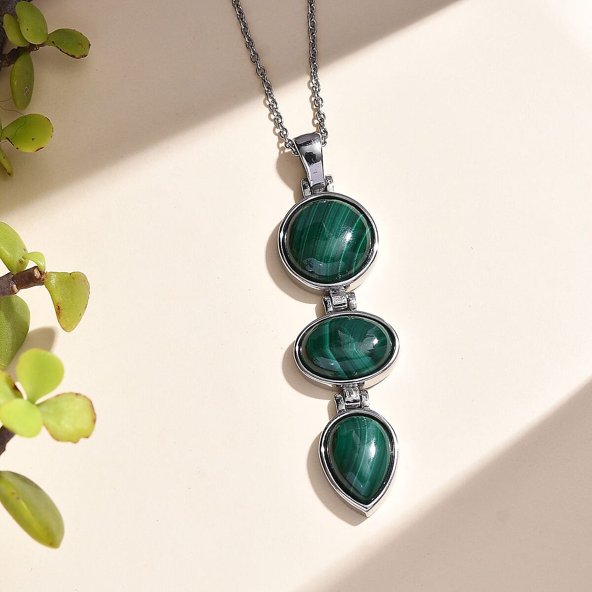 African Malachite Pendant Necklace 20 Inches in Stainless Steel 28.20 ctw image number 1