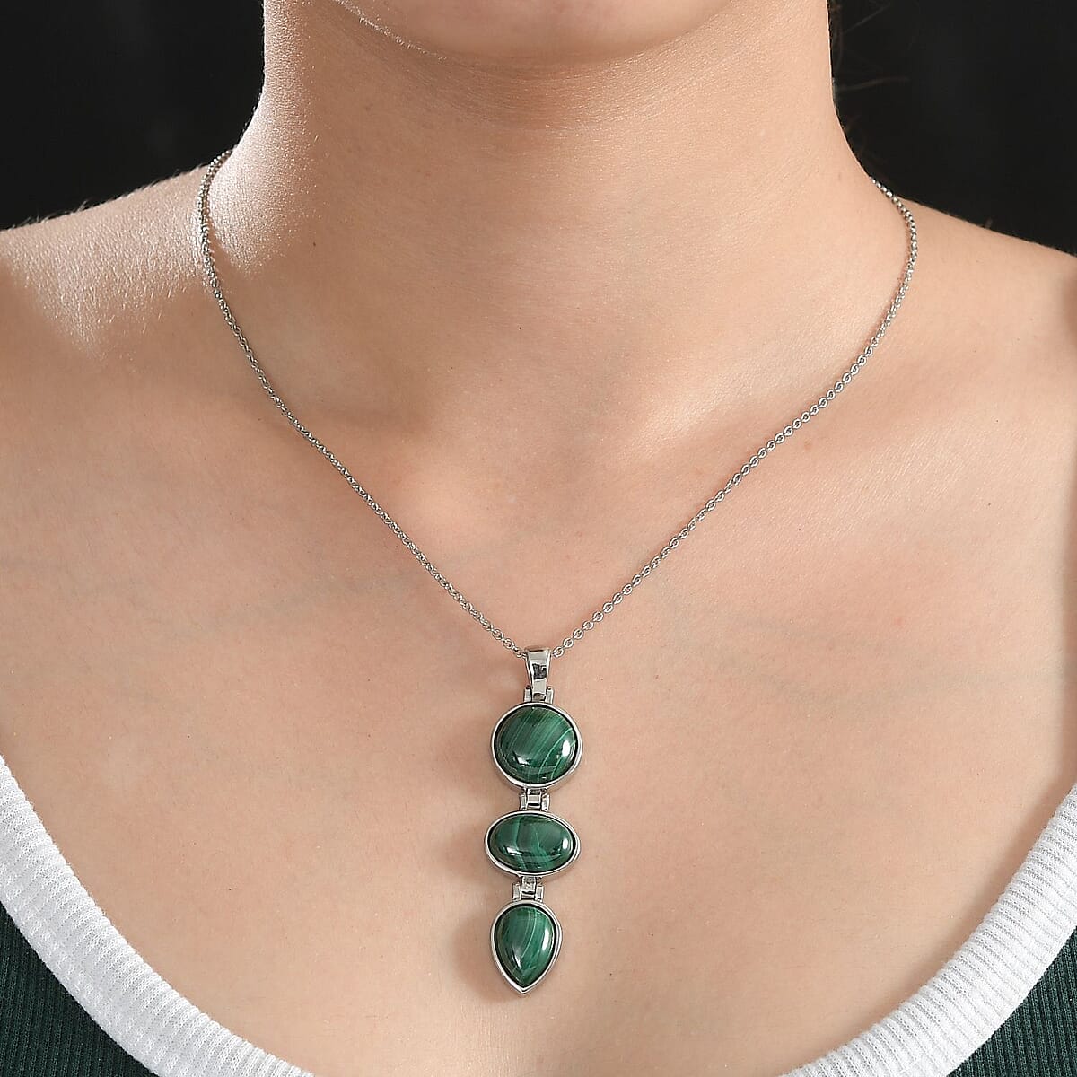 African Malachite Pendant Necklace 20 Inches in Stainless Steel 28.20 ctw image number 2