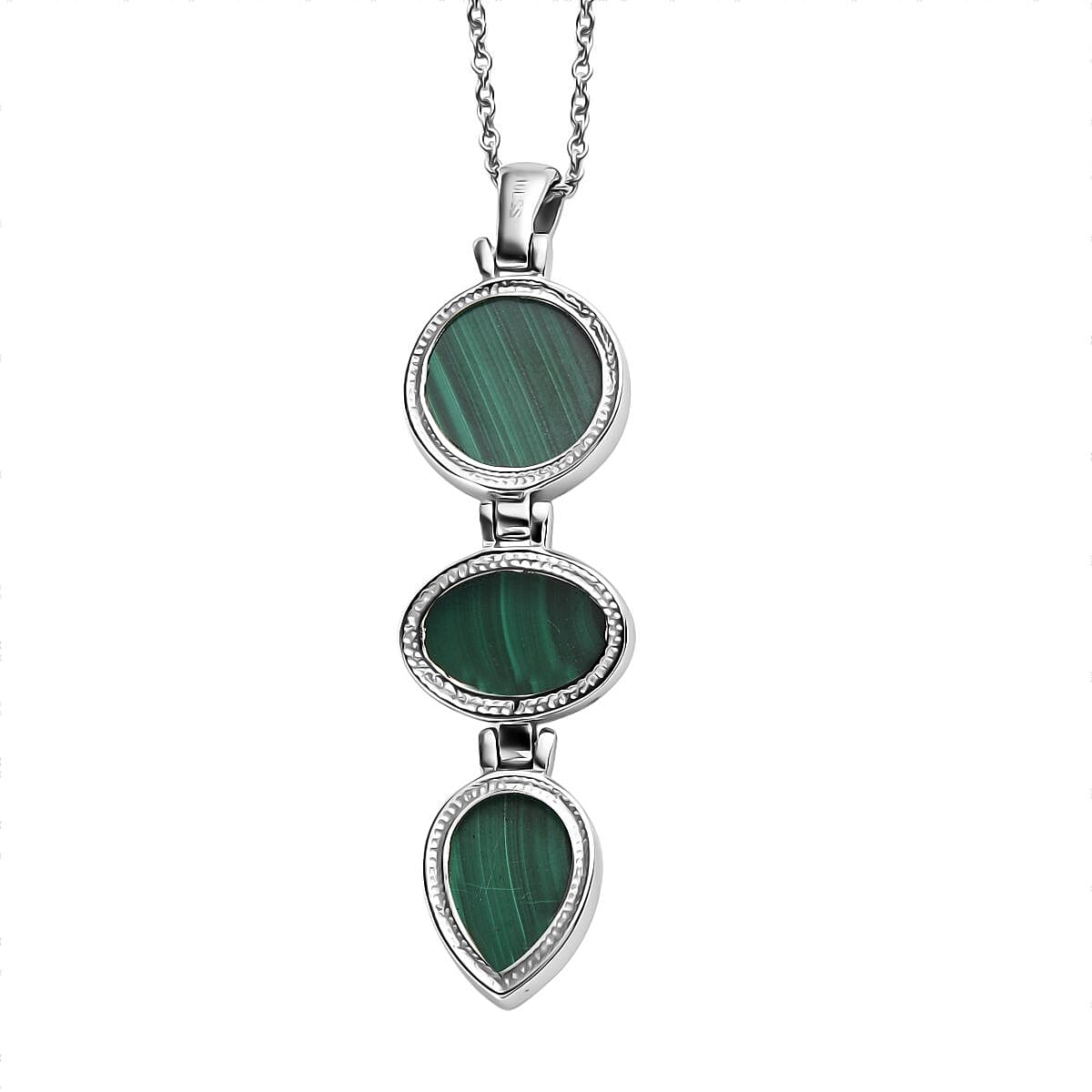 African Malachite Pendant Necklace 20 Inches in Stainless Steel 28.20 ctw image number 4