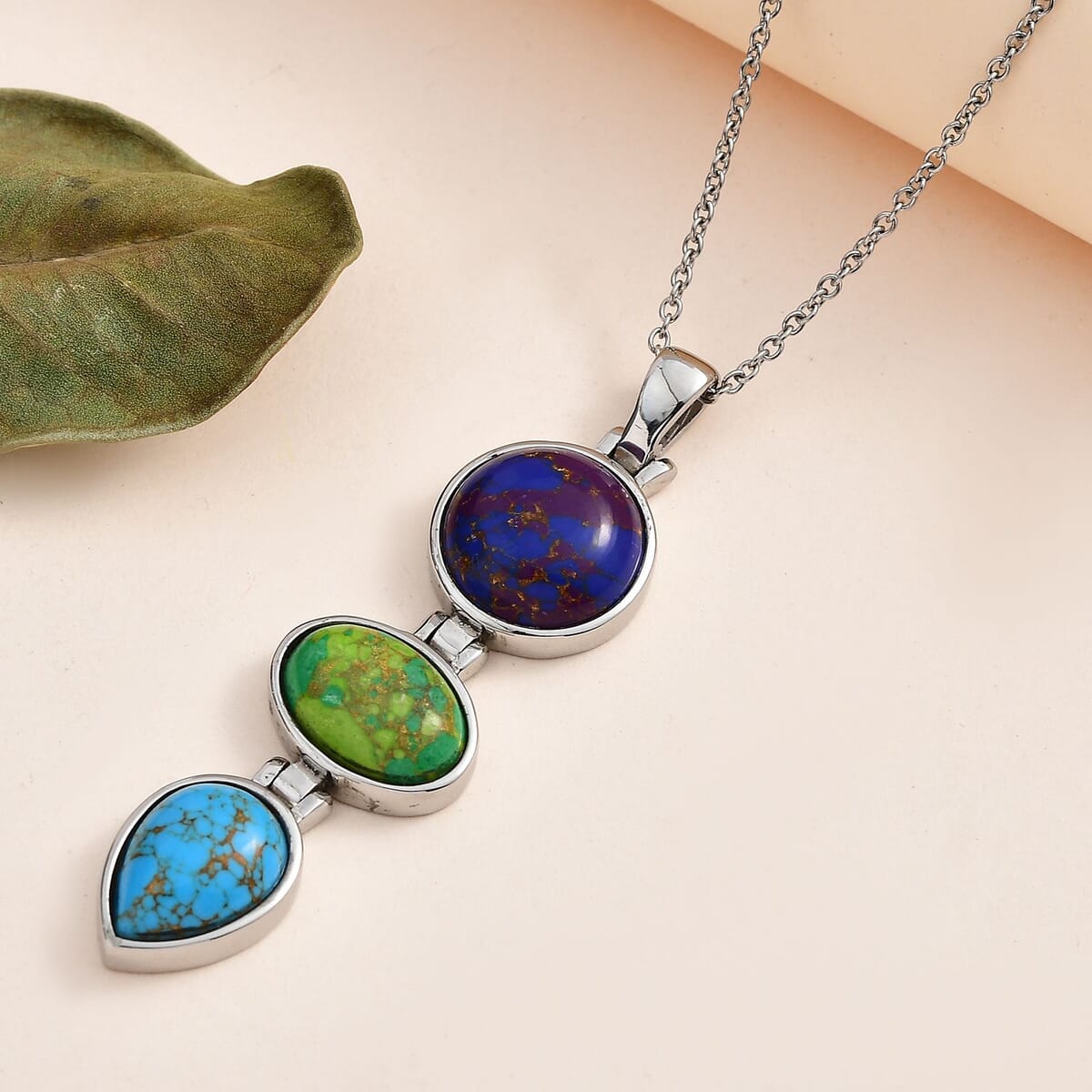 Mojave Purple, Blue and Green Turquoise Pendant Necklace 20 Inches in Stainless Steel 19.80 ctw image number 1